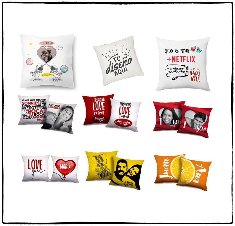Imagen de varios cojines personalizados con distintas fotos y frases